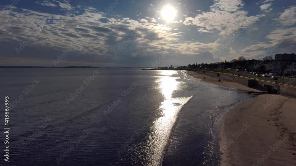 Drone shot from King's Beach, Swampscott, Massachusetts | Looking towards Lynn | Boston skyline in the far distance Drone shot from King's Beach, Swampscott, Massachusetts | Looking towards Lynn | Boston skyline in the far distance
