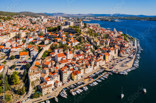Panorama of the mediterranean city of Sibenik and cathedral of St. James. Croatia. Aerial drone shot in september 2020 © Сергій Вовк