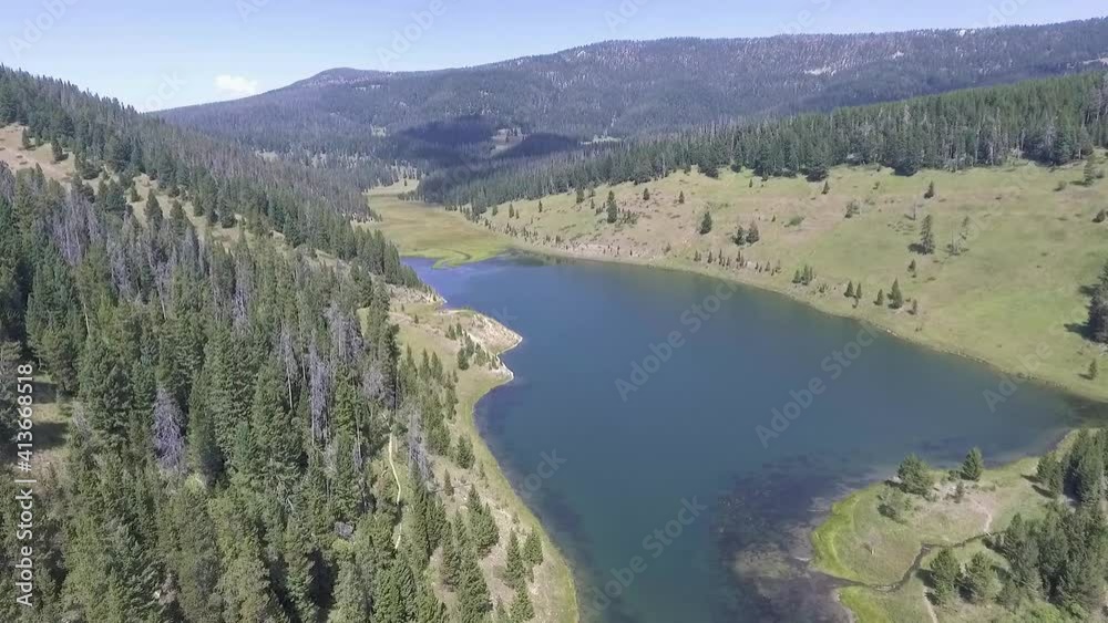 AERIAL - drone flies above green trees displaying a large lake AERIAL - drone flies above green trees displaying a large lake