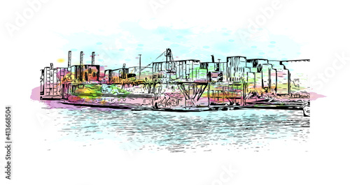Building view with landmark of Rotterdam is the
city in the Netherlands. Watercolour splash with hand drawn sketch illustration in vector.