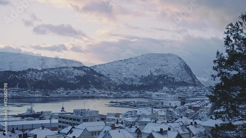 Pink clouds over Sukkertoppen mountain in Aalesund, Norway. photo