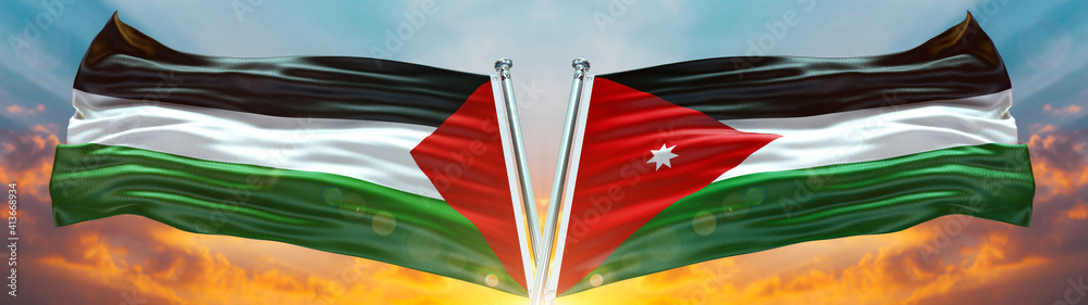 Jordan Flag and Palestine flag waving with texture sky Cloud and sunset  Double flag Stock Illustration | Adobe Stock
