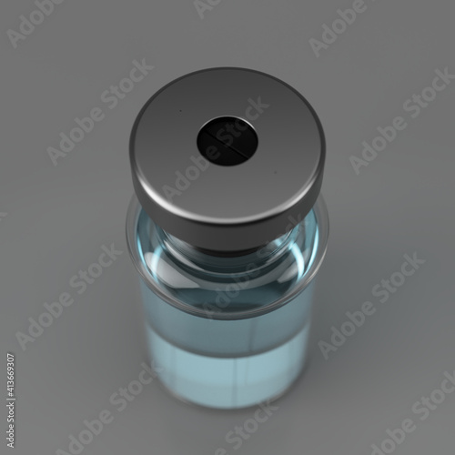 Coronavirus vaccine bottle 3d render with liquid vaccination for the COVID 19 mutant variant virus