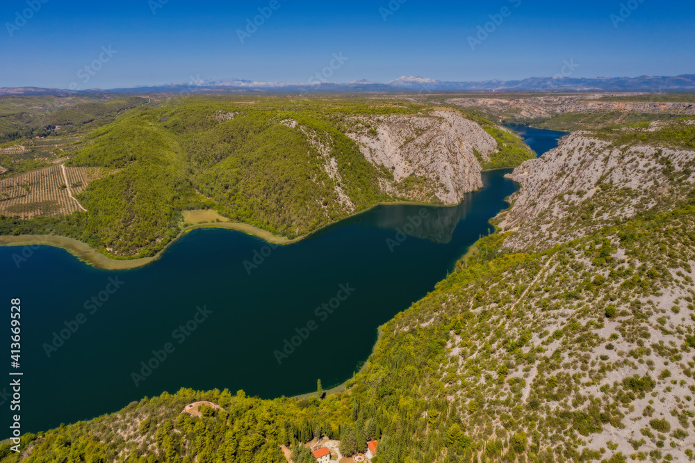 Krka river valley, Krka National Park in Croatia. Aerial drone shot in september 2020