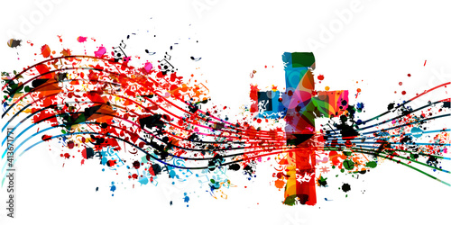 Colorful Christian cross with musical notes isolated vector illustration. Religion themed background. Design for gospel church music, choir singing, concert, festival, Christianity, prayer