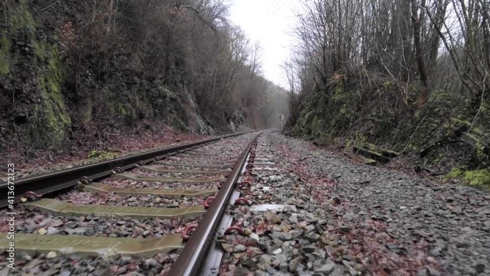 Rusted rails snake through a wet moss covered dreary forest, aerial pull