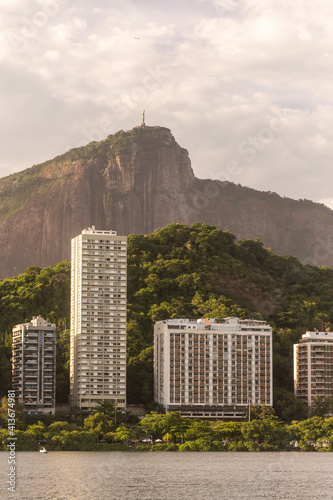 Beautiful view to buildings, city lake and Corcovado Mountain photo