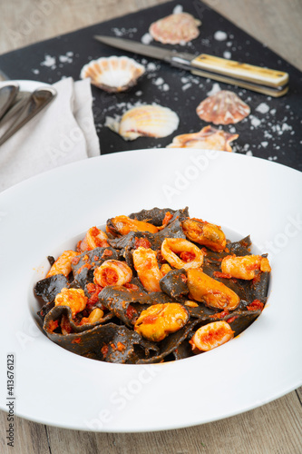 Squid ink pasta with seafood sauce