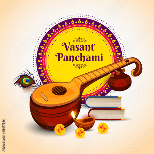 Vector illustration of Happy Vasant Panchami Indian religious festival of Goddess Saraswati celebrated in Spring Season.