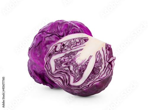Purple cabbage and slice isolated on white background.