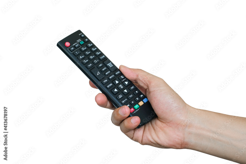 Man holding the remote control and operate the remote control. on the White Background . Concept of Technology Man holding the remote control and operate the remote control. on the White Background . Concept of Technology