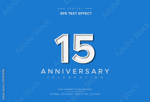 Luxury and elegant fifteen anniversary text effect on white number on blue background