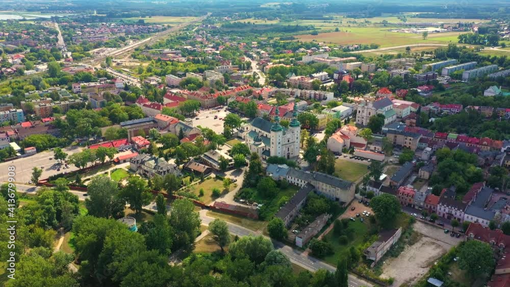 Landscape of the old town from the air with the visible. View on historic buildings on the market. Lowicz, Poland Aerial