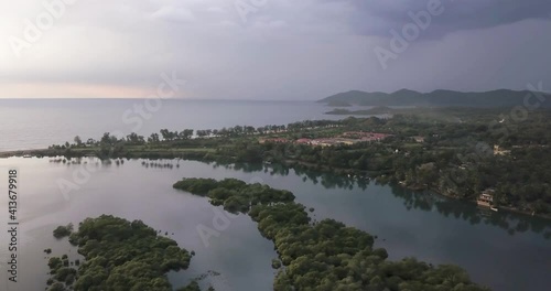 Beautiful View Of Palm-fringed Beach With Tranquil Sunset Scenery. Rajbag Beach In Canacona, South Goa, India. aerial drone, panning shot photo