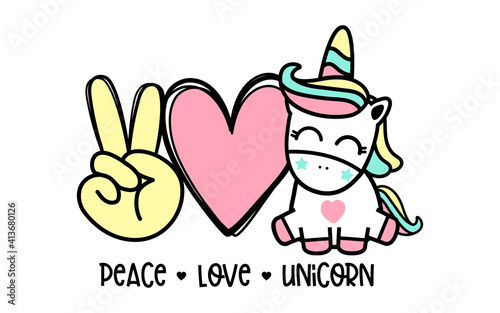 Peace Love Unicorn.  For Valentine day and Horse lover design on t-shirt, mug, bag, mask background illustration.
