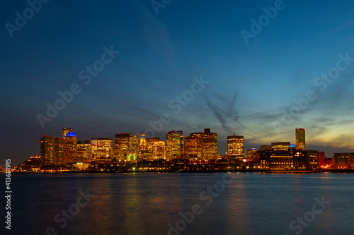 Boston City Skyscrapers, Custom House and Boston Waterfront at night from East Boston, Boston, Massachusetts MA, USA. © Wangkun Jia