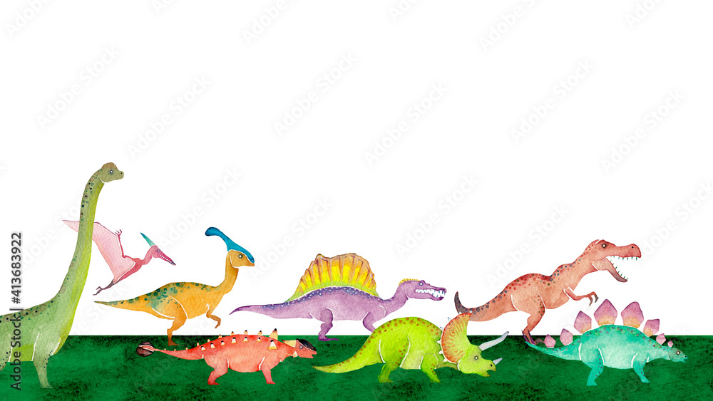 歩く恐竜 背景 フレーム 水彩 イラスト 横長 Stock Illustration Adobe Stock