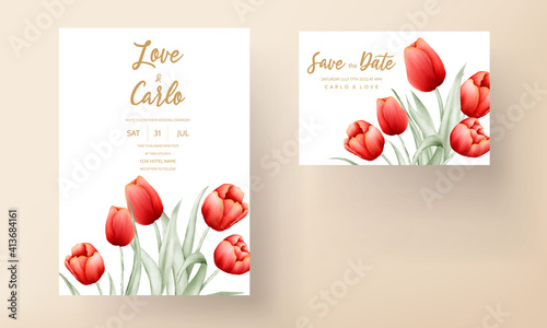 Modern wedding invitation card with red tulip flower