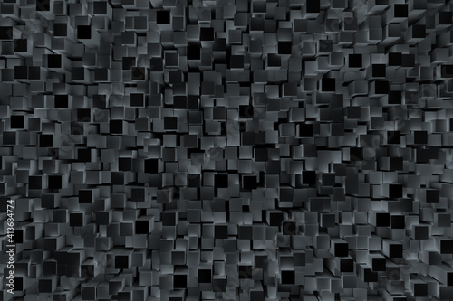 Abstract illustration of 3d grey blocks against black background © vectorfusionart