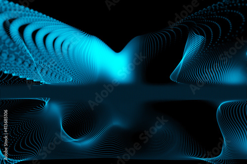 Abstract illustration of glowing blue digital mesh wave against black background photo