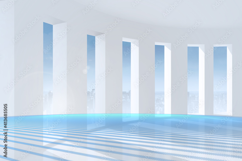 Fototapeta premium Abstract illustration of blue light trails over modern office against view of cityscape