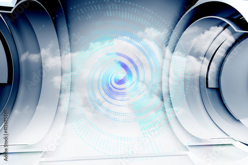Abstract illustration of blue spiral light trails over two round scope scanners against clouds in bl