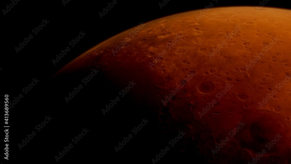 An animation of Mars, it's cratered surface seen from a low orbit, passing below as if from a spaceship, satellite, or probe.