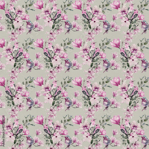 abstract light pink elegant floral bouquet sweet flower and green leaves pattern on pink.