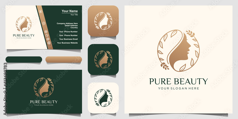 woman face with leaf style stylized silhouette, beauty salon logo template
