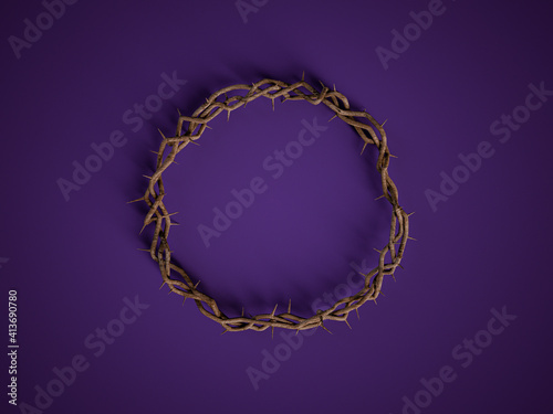 Good Friday, Lent Season, Holy Week, crown of thorns on purple background, 3d.