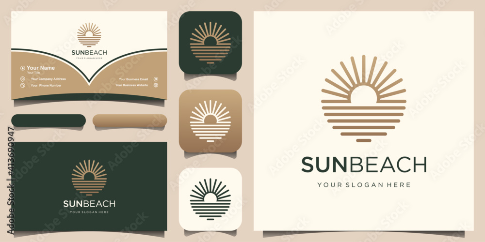 Ocean Sun Wave Logo Design Template and business card design