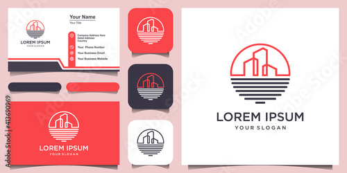Ocean beach building Logo Design Template and business card design