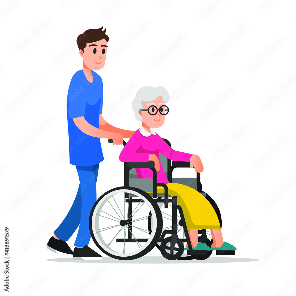 male nurse pushing a wheelchair for an elderly woman