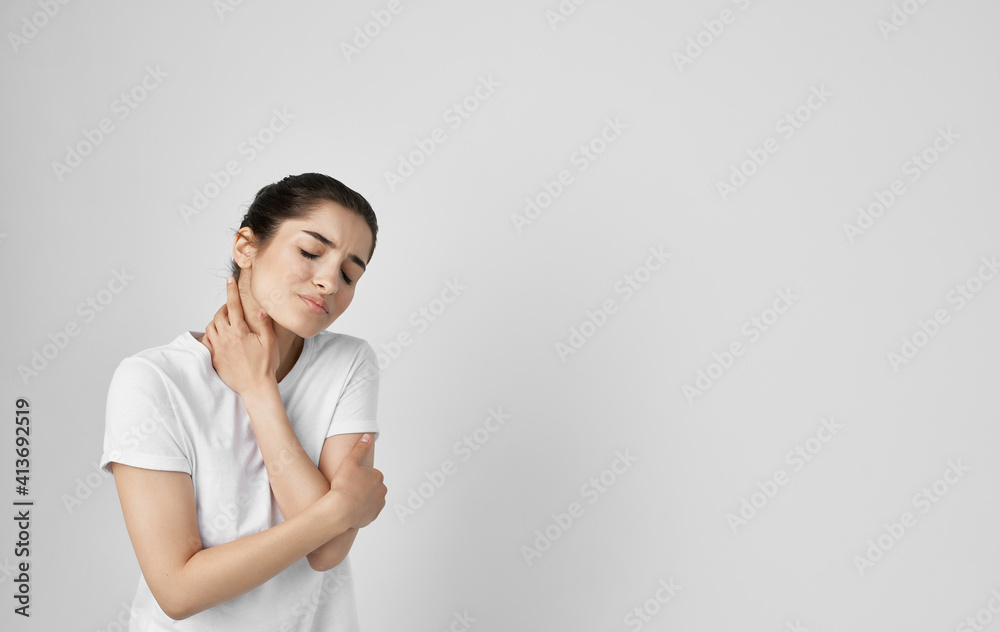 woman holding neck health problems discomfort medicine treatment woman holding neck health problems discomfort medicine treatment
