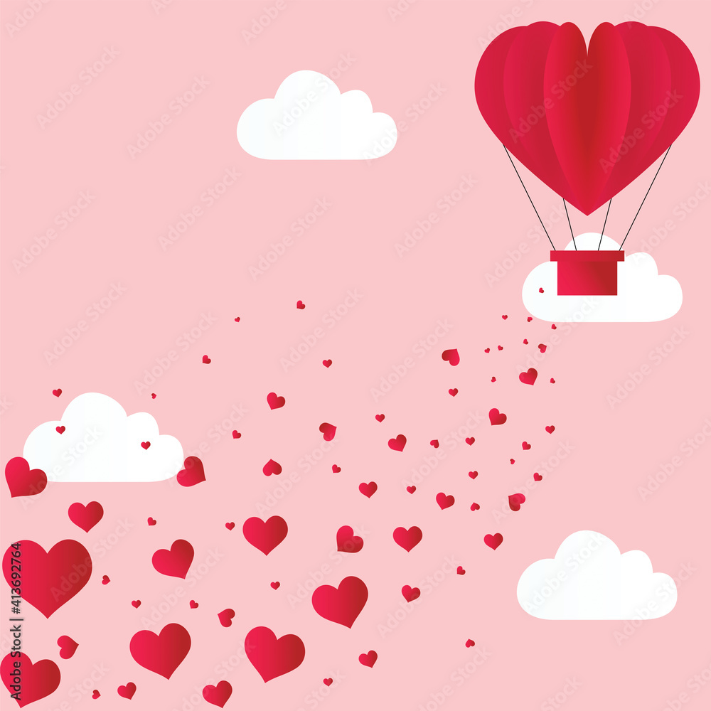 Digitally generated illustration of multiple red hearts falling from a parachute against clouds on p