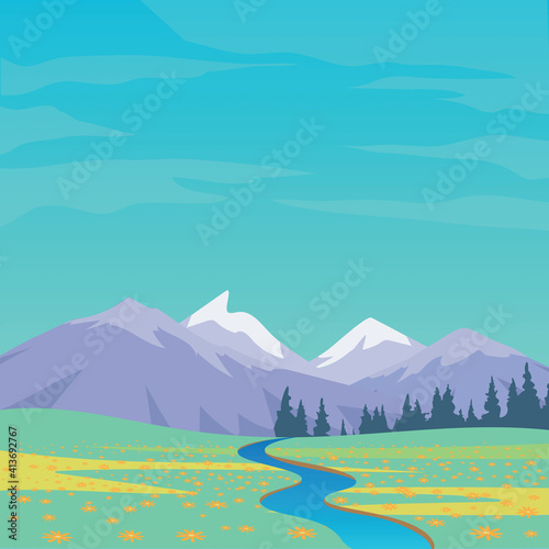 Digitally generated illustration of hand drawn landscape with grass and mountains against blue sky
