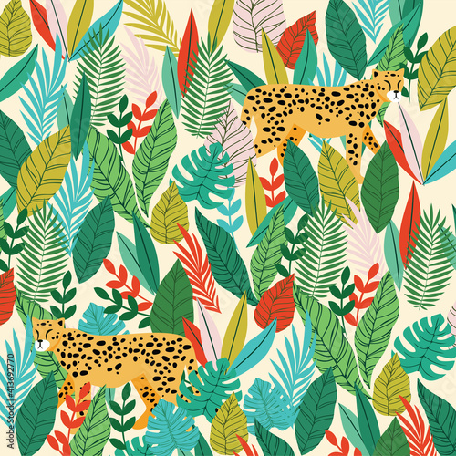 Digitally generated illustration of tropical leaves and exotic animals against white background
