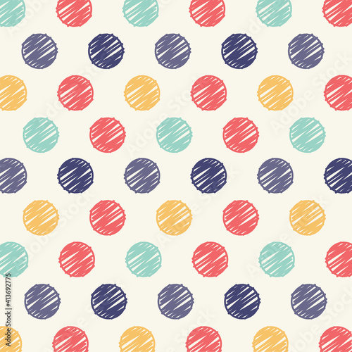 Digitally generated seamless pattern with multicolored scribbled dots against beige background