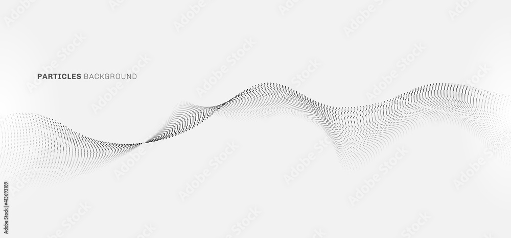 Abstract black dots particles flowing wavy lines pattern on white background.