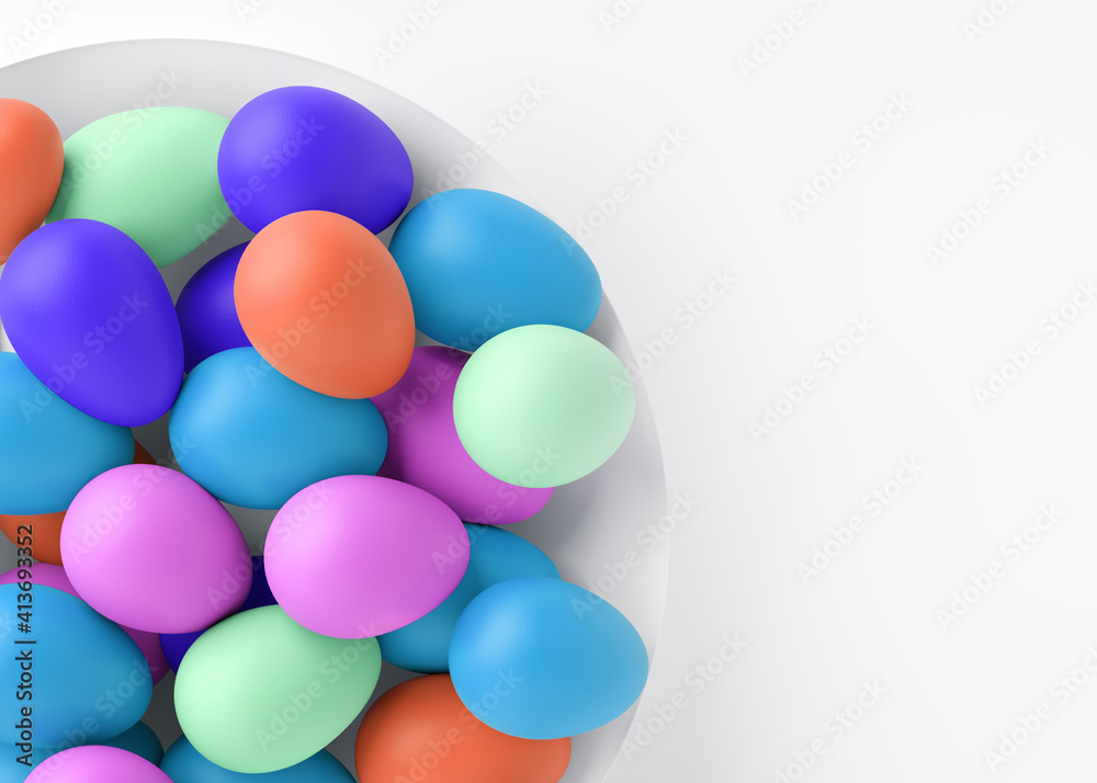 Colored eggs on a white plate close-up. Easter holiday. 3D rendering and 3D illustration.