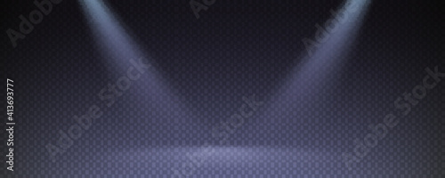 Rays of light on transparent checkered background. Lighting the room with two spotlights. Vector illustration