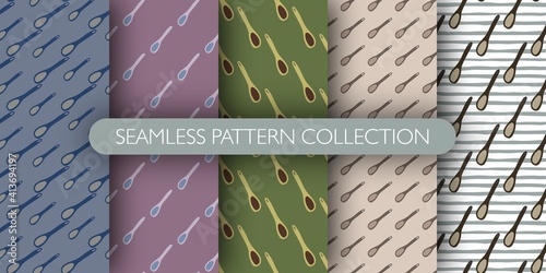 Set of seamless pattern with cooking spoon. Kitchen backdrop collection.