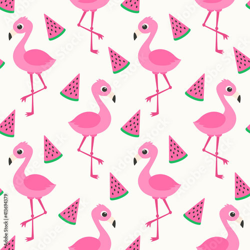 Seamless bright cartoon pattern with flamingos. Vector pink flamingos and watermelons
