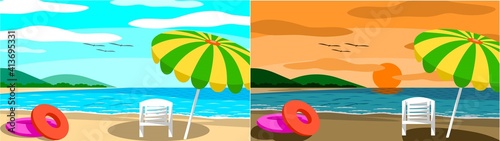 Two picture vecter of beach with umbrellas and chairs On a day time and sunset time with clear skies, good atmosphere. 