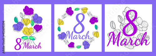 March 8 set of postcards for International Women's Day. template for postcards. bouquet of flowers. linear style