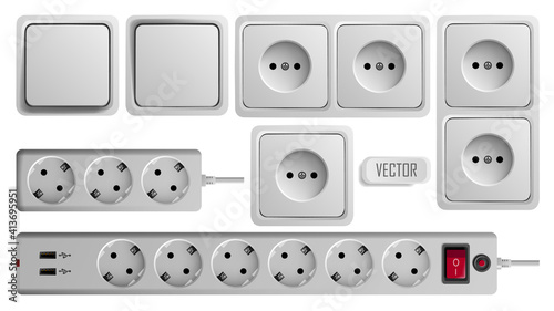 Socket, switch and extension vector outlet for electric plugs and electricity illustration. Set of different types of power isolated sockets and switchers