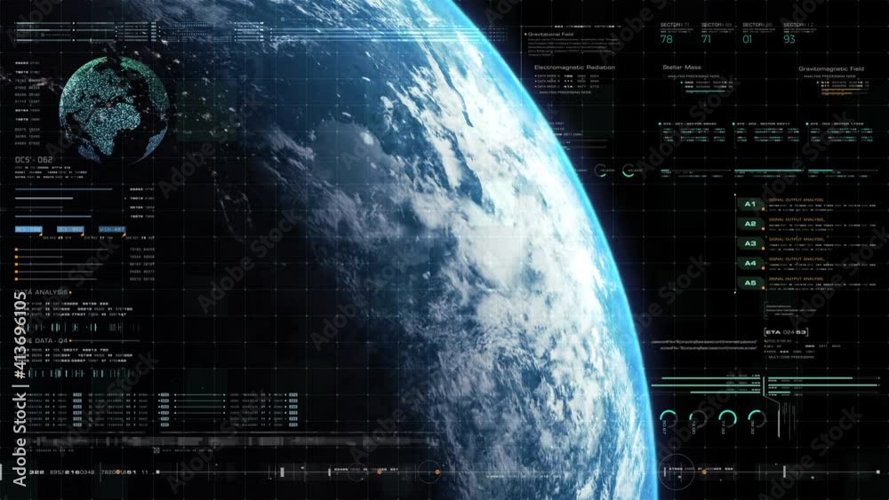 Futuristic motion graphic user interface head up display screen with Holographic Earth and digital data telemetry information display for digital background computer desktop display screen