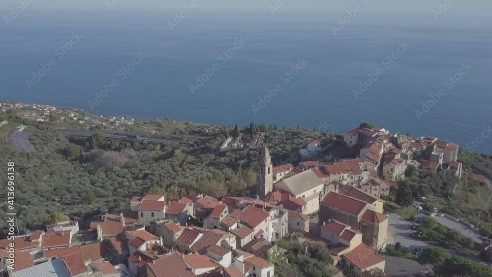 Cipressa in Liguria, Italy. Historic town village in Imperia aerial view, Mediterranean sea Cipressa in Liguria, Italy. Historic town village in Imperia aerial view, Mediterranean sea