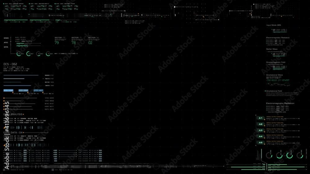 Futuristic motion graphic user interface head up display screen template, digital data telemetry information display with alpha channel for graphic overlay