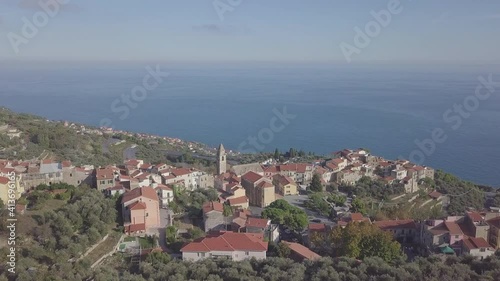 Cipressa in Imperia Liguria Italy. Town village in Mediterranean sea aerial view. photo